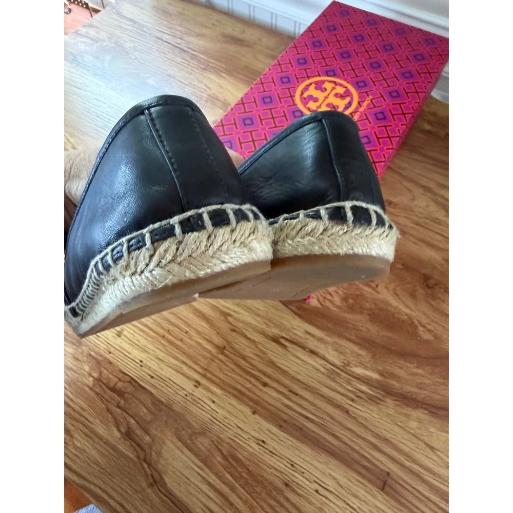 Tory Burch Black Perforated Logo Nappa Leather Espadrille Flats Size 6.5